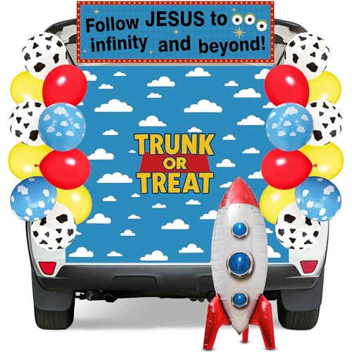 Halloween Trunk or Treat Car Decoration Kit Toy Theme Trunk Decor and Religious Story Banner with Balloons for SUV Church Outdoor Garage Door Archway