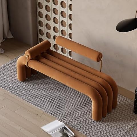 LOVEDIMA Modern White Line Tufted Bench Upholstered Entryway Bench Velvet Ottoman with Padded Seat (Brown) Cover