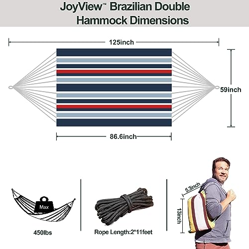 Image of JoyView Brazilian Double Hammock with Hanging Ropes Extra Large 86.6x59 inch Portable Cotton Hammock for Patio Backyard Porch 450LBS Weight Capacity Perfect for Outdoor /Indoor - Black /Red Stripe