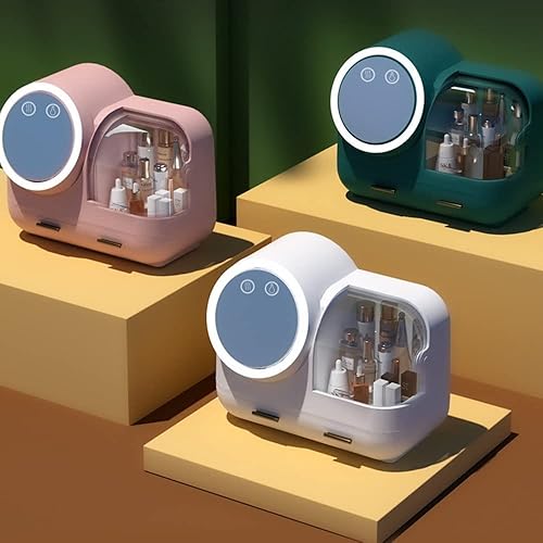 Miniatura 8 de osea Caja de almacenamiento de cosméticos, organizador de maquillaje portátil con espejo y ventilador de luz LED, cajón de joyas recargable