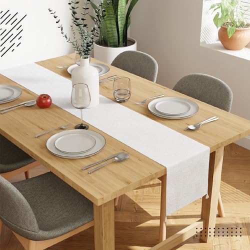 Image of Encasa XO 4 to 6 Seater Dining Embossed Velvet Table Runner | Size 32x183 cm | White Color with Premium Polyester - Machine Washable