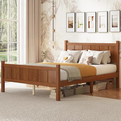 Image of Full Size Vintage Bed Frame with Headboard, Farmhouse Wooden Platform Bed with Under-Bed Storage, Minimalist Modern Wood Grain Finish Bedframe for Bedroom (Light Walnut)