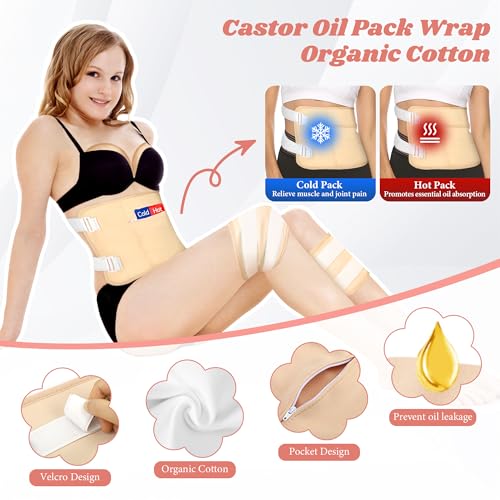 Image of Castor Oil Pack Wrap, 12 Pcs Reusable Castor Oil Pack Kit Organic Cotton for Shoulder Hands Neck Waist Chest Knees and Feet, Adjustable Compress Pads for Entire Body