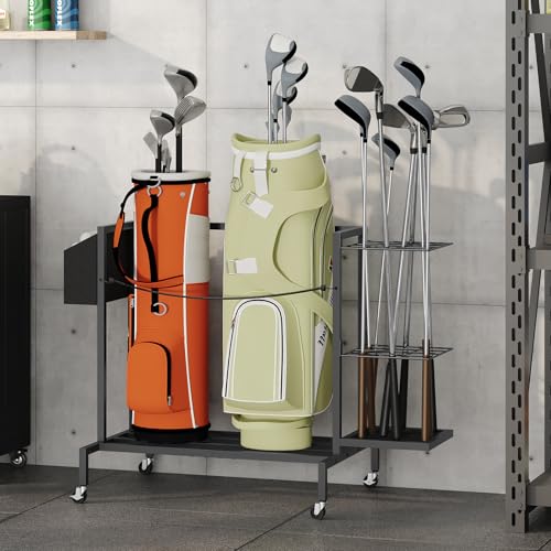 golf bag organizer for garage golf bag storage stand fits 2 golf bags freestanding golf club holder for garage shed home basement other golfing equipment accessories black bebk17501