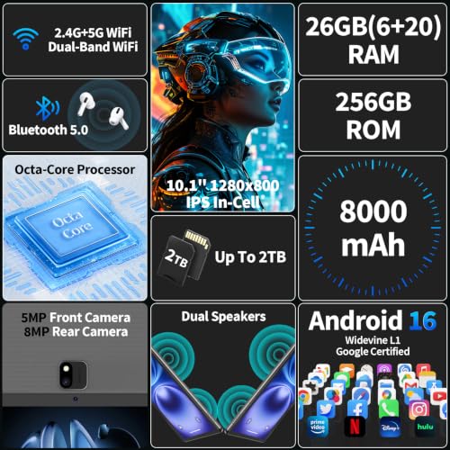 Image of Gemini AI Android 16 Tablet with Keyboard, 2026 10 inch Tablet (Black) | 26GB+256GB+2TB Expand, Electronic Tablet PC with 8-Core, 5G WiFi, 8000mAh, GPS, GMS, 2 in1 Tablet with Case, Mouse, Stylus