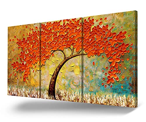 JIMHOMY Red Wall Art Brown Yellow Wall Painting Stretched Canvas Print Wall Decor Flower Abstract Tree Picture for Living Room Bedroom Office DÃ©cor Non-Handmade 12''x16''x3 Panels