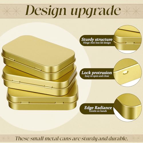 Image of Hotop 3 Pack Metal Rectangular Empty Hinged Tins 3.75 x 2.45 x 0.8 Inch Box Containers with Lids Mini Portable Box Small Storage Kit, Home Organizer (Gold)