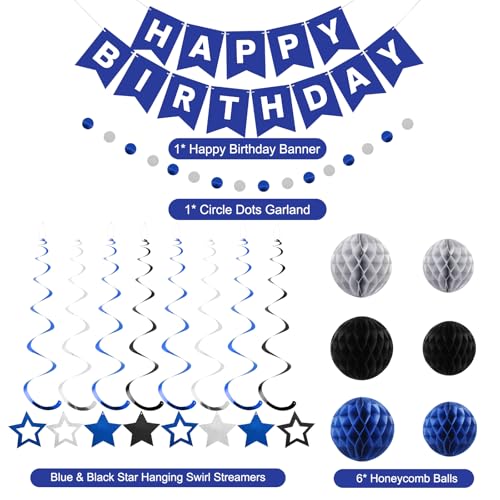 Image of meowtastic Birthday Decorations Happy Birthday Banner with Honeycomb Balls | 16pcs Birthday Set: 1 Banner+6 Honeycomb Balls+8 Star Spirals+1 Circle Dots, Happy Birthday Decor - Blue and Silver