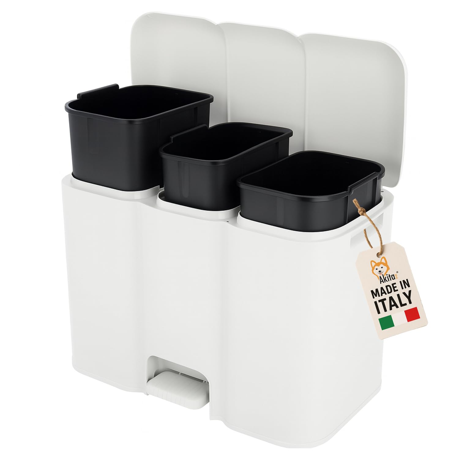 AKITAInk Pattumiera Differenziata Patty3 Bianca - 3 Scomparti (13L + 8L + 13L) con Pedale, Cestini Rimovibili e Etichette Riciclo, Design Moderno per Cucina e Ufficio