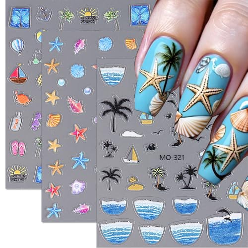 Generic NAIL STICKER 01 Summer Nail Art Stickers Coconut Tree Nail Decor 5D Self-Adhesive Nail Stickers 3Pcs Beach Ocean Starfish Seashell Waves Boat Palm Design Nail Decals cover