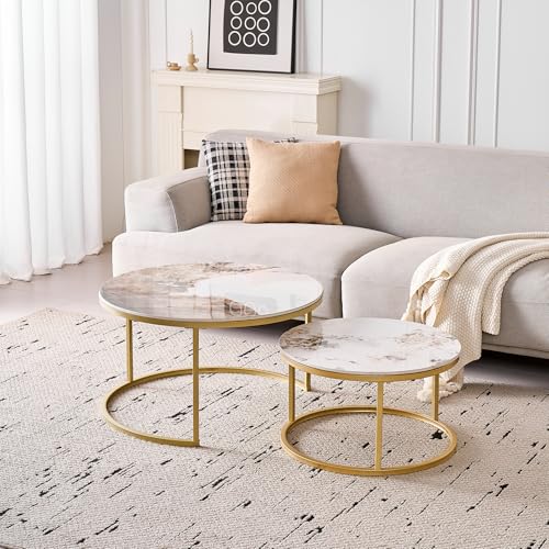 DEYARNA HOME Runden Couchtisch 2er Set, Moderne Satztische mit Keramikplatte (Keine MDF-Platte), Ideal für Wohnzimmer, Schlafzimmer, Balkon und Büro (Pandora+Gold),50+70cm DEYARNA HOME Runden Couchtisch 2er Set, Moderne Satztische mit Keramikplatte (Keine MDF-Platte), Ideal für Wohnzimmer, Schlafzimmer, Balkon und Büro (Pandora+Gold),50+70cm