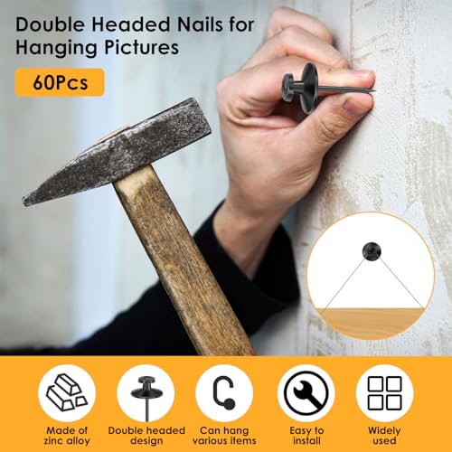Image of Double Headed Picture Hanging Nails, 60 Pack Small Head Hanging Nails, Picture Photo Hanging Hook Pins Decorative Nail Hook Hangers for Home Office School (Black)