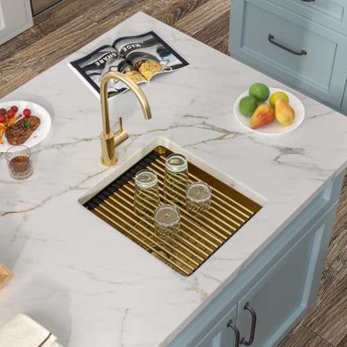 Image of 15 inchx17 inch Gold Bar Prep Sink Undermount Workstation | Brushed Gold NANO-PVD 16 Gauge T304 Stainless Steel Single Bowl Under Counter Basin for RV Kitchen Wet Bar Prep Station