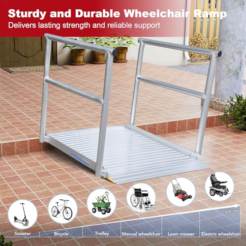 Ruedamann 3'L x 36" W Aluminum Wheelchair Ramp with Handrails, 600 Lbs Capacity Threshold Ramp for Home Steps Stairs Curbs, Non-Slip Access Ramp, Doorway Ramps for Wheelchairs Scooters Carts Walkers