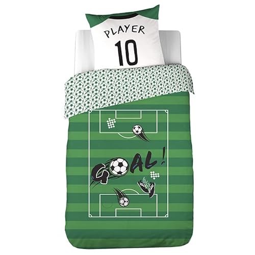 CÔTE DECO Parure de lit Foot - Housse de Couette 140x200 cm + 1 Taie d’Oreiller 63x63 cm – Motif Terrain, Ballon et “Goal” – Ensemble Literie Garçon 100% Microfibre