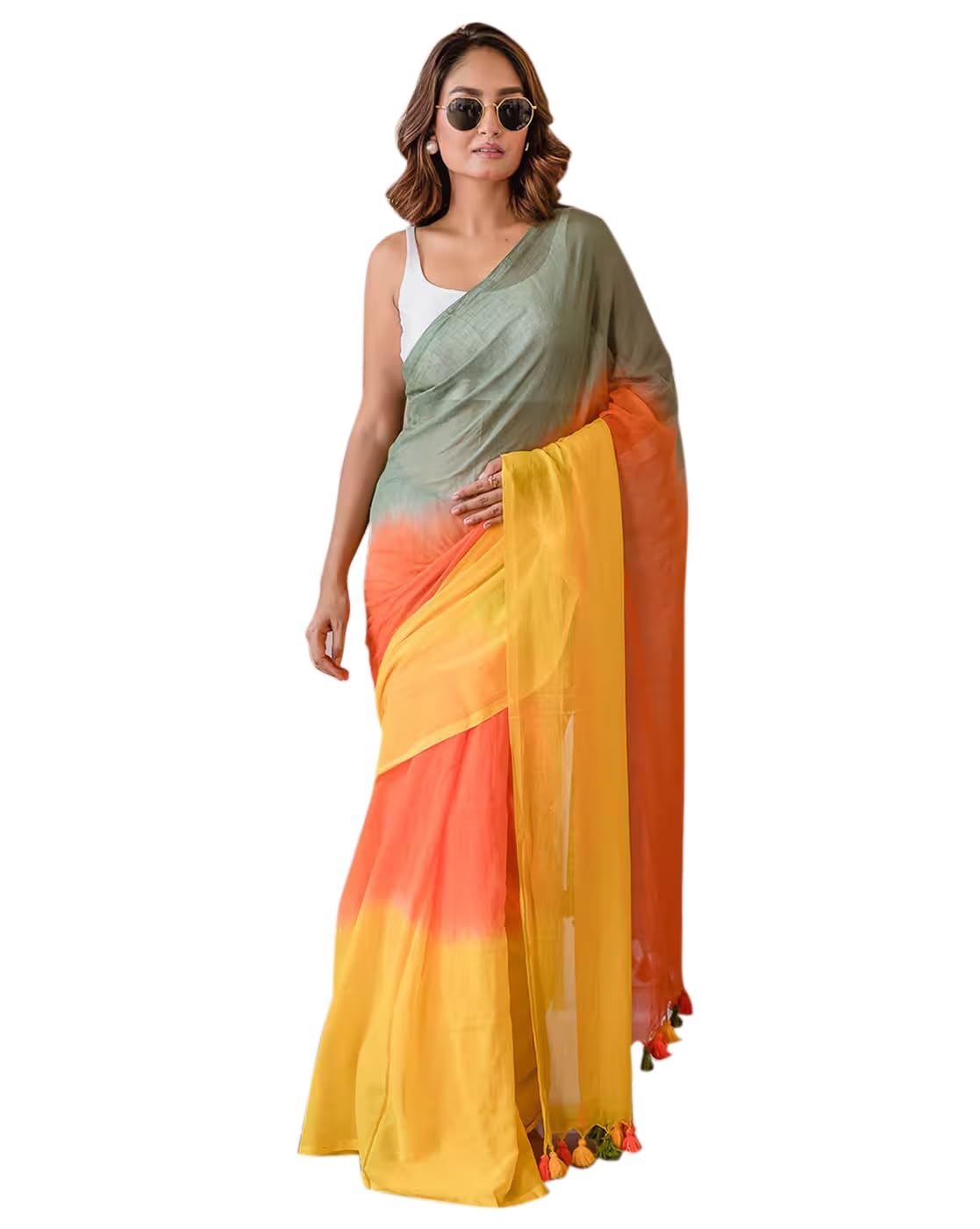 Handloom Tie-Dye Saree, Sage Green to Yellow Ombre, Chiffon Fabric with Tassels, Traditional Indian Wear-image-32