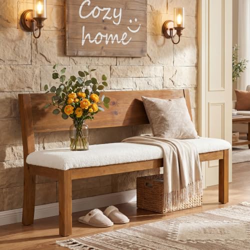 TRIBEWOOD 55 Solid Wood Entryway Bench Farmhouse Dining Bench with Backrest Long Window Bench with Cushion Upholstered Storage Bench for Hallway Dining Room Bedroom Sherpa White & Brown