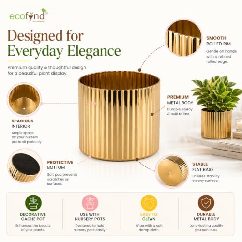 Image of ecofynd 1 Pack Metal Plant Pots (6 inch), Indoor Small Planter Flower Pots, Home Garden Decor Planter for Living Room Bedroom Interior (Gold Finish, POT048)