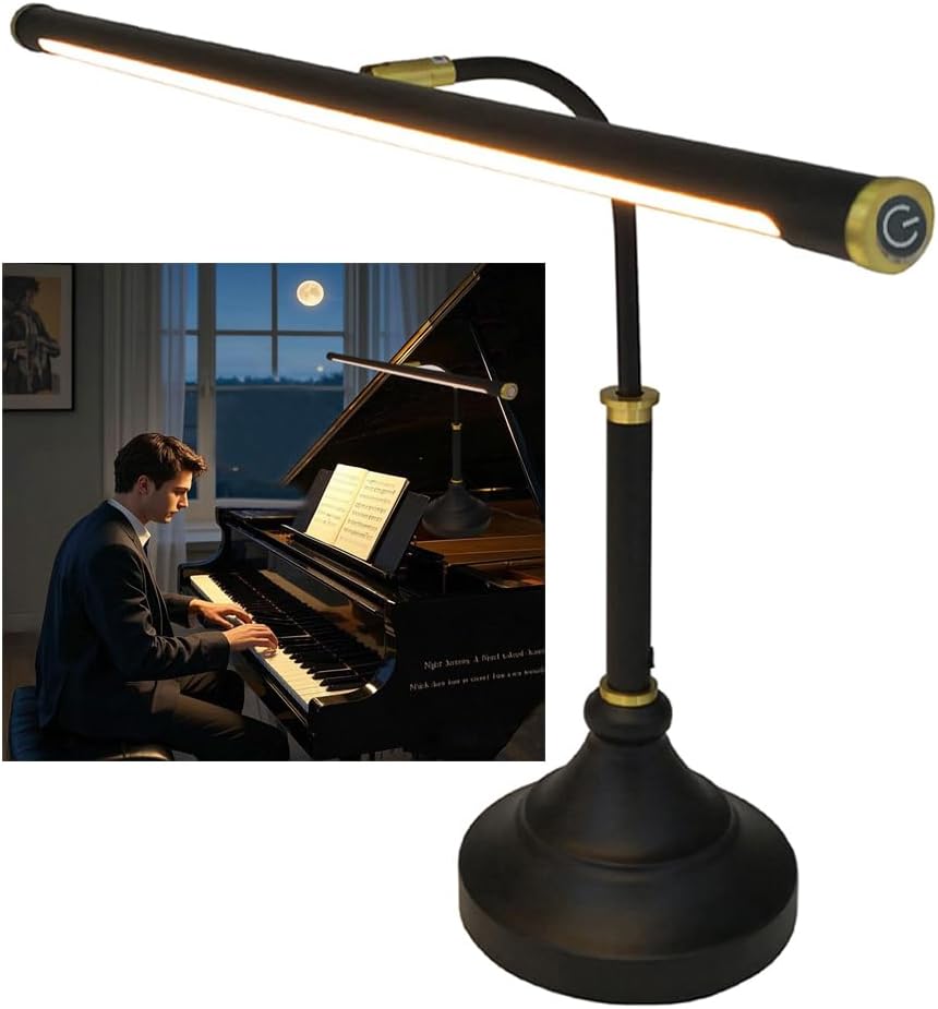 HomeFocus - LED Piano Lamp with Dimmer,Eye-Caring,Stepless Dimming,Touch Dimmable Desk Lamp,Reading Lamp for Home Office,Adjustable Height,Multi-Functional Piano Light,LED 5W,3000K,Metal,Black+Gold