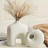 Dobbyby Ceramic Vase Set of 2, Modern Donut Vases for Minimalist Nordic Home Decor, Waterproof Round Vase, Decorative Centerpiece Vases for Living Room, Entryway, Table Decor (02-Rustic Cream)