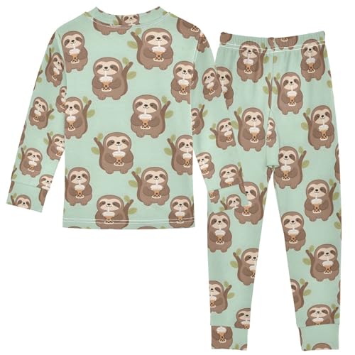 ALAZA Sloth Milk Tea Pajamas Long Sleeve Sleepwear 2-Piece Pajama Set2