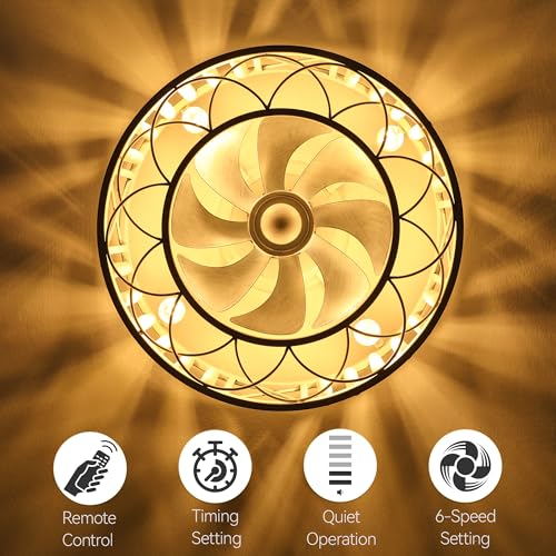 DWVO 18.5 Inch Caged Ceiling Fan with Lights and Remote, Beaded Decor, Farmhouse Flush Mount Ceiling Light Fixture with Reversible DC Motor, 6 Speeds, for Bedroom, Living Room, Dining Room (Off-White)