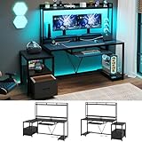 SEDETA 69' Gaming Desk, Office Computer Desk with File Drawer & Storage Shelves, Gaming Desk with Led Lights & Monitor Shelf for Home Office, Black