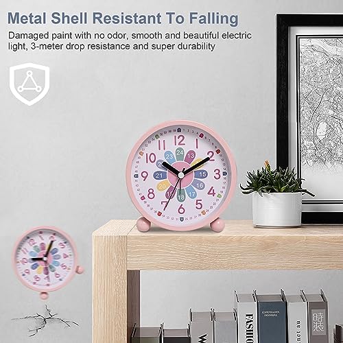 GDWD Wecker Kinder für Jungen Mädchen, Kinderwecker Digital Ohne Ticken, Lernwecker Lernuhr Weckuhr Kinderuhr Snooze Analog Lichtwecker, Quarzwecker mit Nachtlicht, Batteriebetrieben Weckuhr (Rosa)