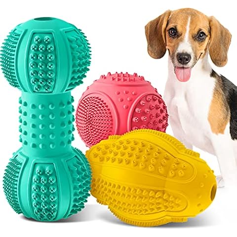 Puppy Chew Toys 3 Pack, Durable Dog Chew Toys for Aggressive Chewers, Tough Puppy Teething Toys with Natural Rubber for Small and Medium Dog Teeth Cleaning (Green-Pink-Yellow) Cover