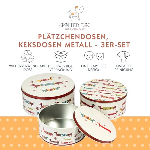 SPOTTED DOG GIFT COMPANY Keksdose Metall, Plätzchendose Set, Gebäckdose Rund - Klein Mittel Groß mit Hunde Motiv, Küchenzubehör Küchen und Backen Geschenke, Dackel Geschenk für Hundebesitzer Frauen