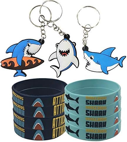 Shark Party Favors Supplies Decorations with 24 Pack Shark Keychains Key Ring and 24 Pack Shark Under the Sea Rubber Wristbands Bracelet for Kids Birthday Parties