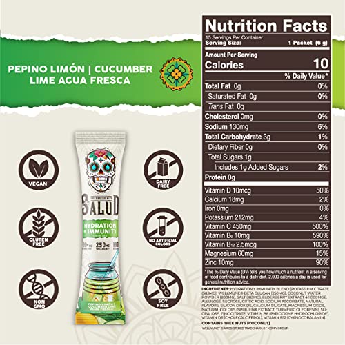Salud 2-In-1 Hydration And Immunity Electrolytes Powder, Cucumber Lime - 15 Servings, Agua Fresca Drink Mix, Elderberry, Dairy & Soy Free, Non-Gmo, Gluten Free, Vegan, Low Calorie, 1G Of Sugar #TOP2