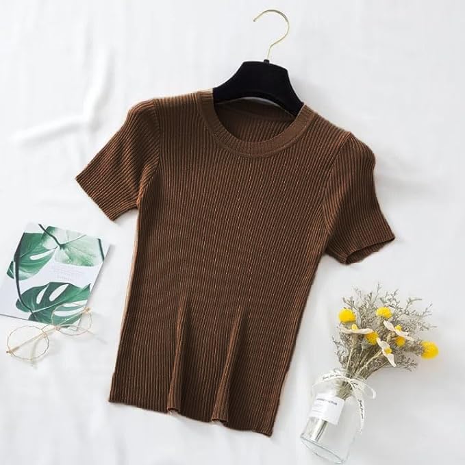 Image of Typical Fashion Women's Ribbed Knit Slim Fit Top - Short Sleeve, Round Neck, Stretchable Stylish T-Shirt for Casual & Formal Wear
