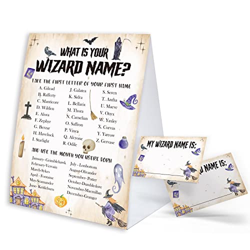 What's Your Wizard Name Game Sign with Name Tag Stickers for Baby Shower, Baby Shower Decorations, Birthday Party Game, Baby Shower Games Fun for Adults & Kids Family Class Office Activity PTWYN19