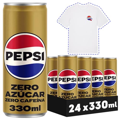 PEPSI zero sin cafeína Refresco de cola con cero azúcar y cero calorías, pack de 24 latas de 330 ml, 7.92 litros en total, Incluye camiseta de Regalo