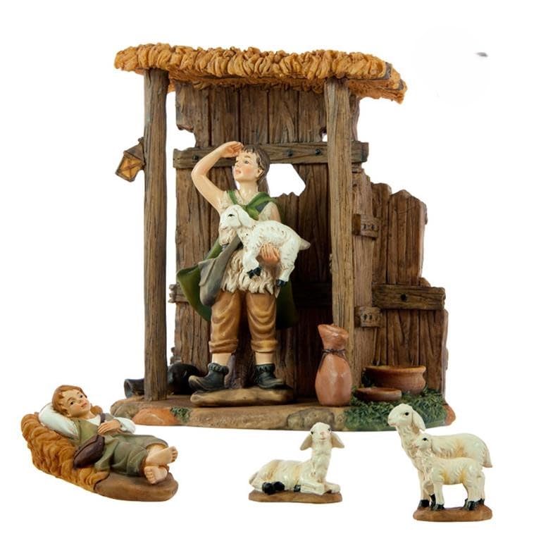 Arte Presepe - 2 Pastori con pecore e casetta in resina, per statuette da 15-16 cm