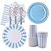 Logther 128 PCS Stoviglie per Feste, Stoviglie di Compleanno, Stoviglie USA e Getta, Piatti di Carta Tazze Tovaglioli Cannucce Posate, per Feste, Compleanni, Matrimoni(16 Ospiti)