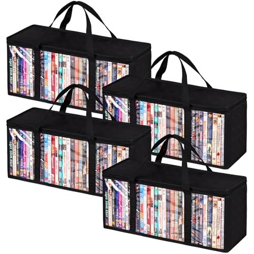 Criusia Pacote com 4 bolsas de armazenamento de DVD, organizador de mídia de PVC transparente com zíper e alças, estojo empilhável para CDs, Blu-ray, videogames, álbuns, capas de filmes