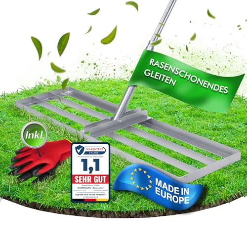 Preisvergleich Produktbild GartenGuru® [100x30cm] XXL Rasenrakel [RASENSCHONEND] - inkl. Gartenhandschuhe - hochwertig legierter Rasenrechen - Rasen Rakel für die perfekte Rasenpflege (Silber)