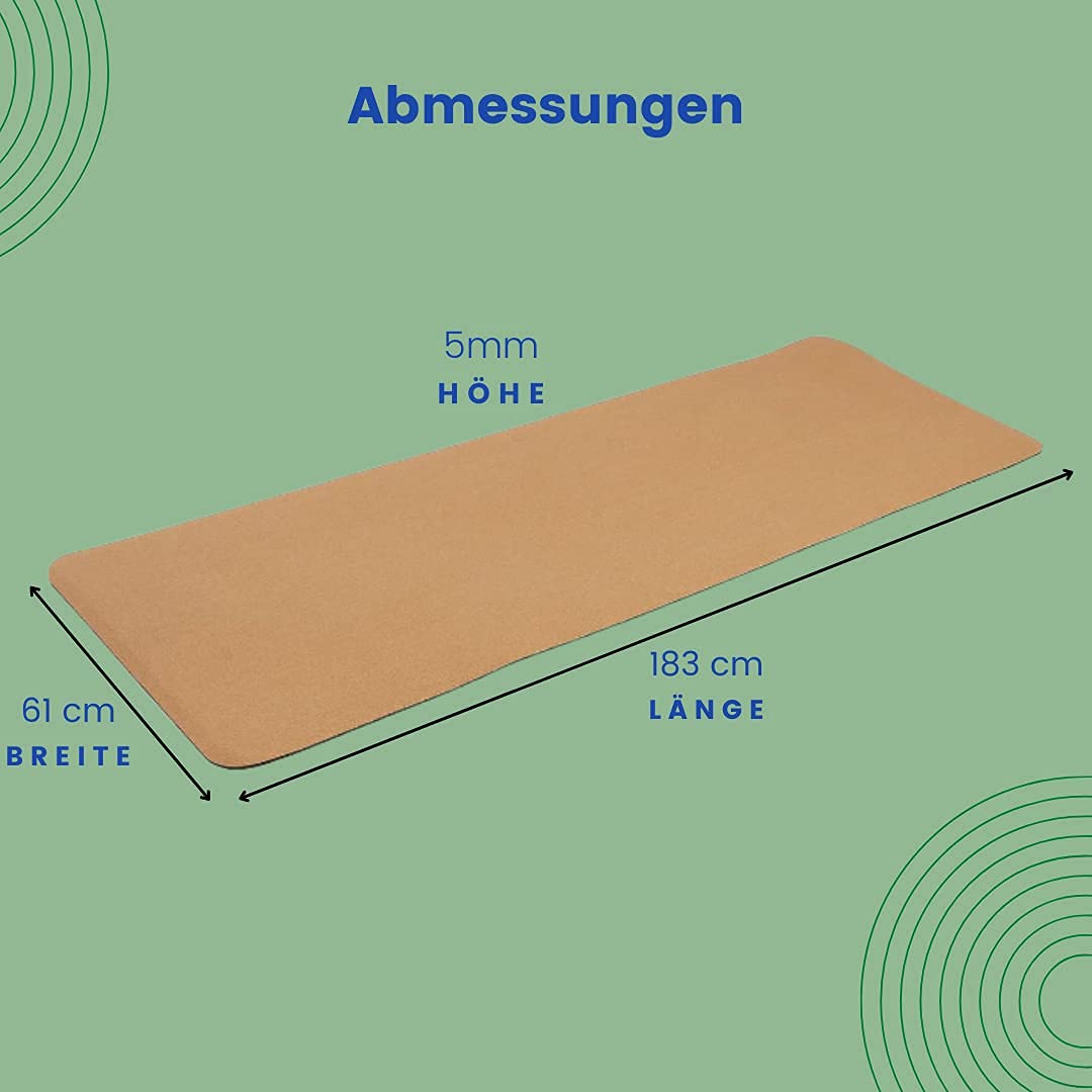 Generisch Tapis de yoga en liège et caoutchouc naturel durable - 183 cm x 61 cm x 5 mm - Antidérapant - Large - Sans odeur - Fitness, gym, exercice, sport, absorbant la transpiration