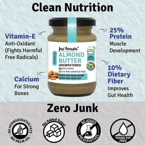 Image of Jus' Amazin Creamy Almond Butter - Unsweetened (125 g) Pack of 2 | 25% Protein | Only Whole Almonds (100% Pure) | Zero Additives | 100% Natural | Vegan | Dairy Free | Keto | Plant Based Nutrition | Clean Nutrition