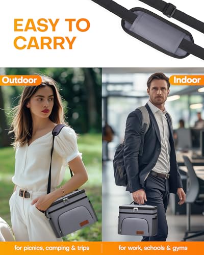 Image of HOTOR Insulated Lunch Box Men Women Leak-Proof Cooler Lunch Bag 9L | 4 Pockets, Adjustable Strap, Ideal for Work, Picnic, Travel, Camping, Gift, Light Grey