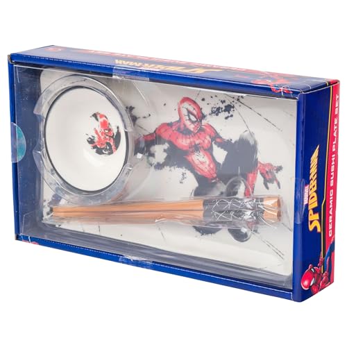 Image of Silver Buffalo Marvel Avengers Spider-Man Ceramic Sushi Set with Dipping Sauce Dish and Matching Chopsticks