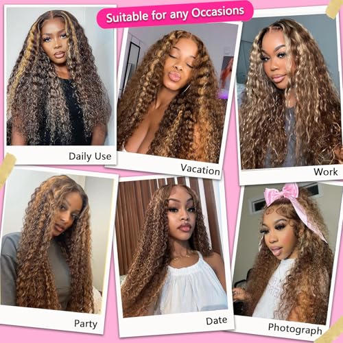 Image of SOEZ 22 Inch Highlight Ombre Lace Front Wig Human Hair 13x4 Deep Wave Lace Front Wigs Human Hair Pre Plucked 4 /27 Honey Blonde Water Wave Wig 180% Density Wet Wavy Curly Glueless Wig for Women