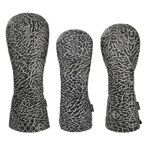 Golf Head Covers for Drivers, Fairway #3#5 for Club, Golf Club Covers for Men and Women, Premium Embroidered PU Leather, Double Elastic Band, Black & Grey Elephant Prints (3pcs)
