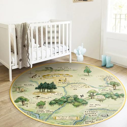 Image of Estmy 5ft Washable Round Nursery Rug, Cute Woodland Kids Play Rug for Girls Boys Neutral Soft Crawling Play Mat for Classroom Children Toddlers Bedroom Stain Resistant, 100 Acre Wood Map Rug