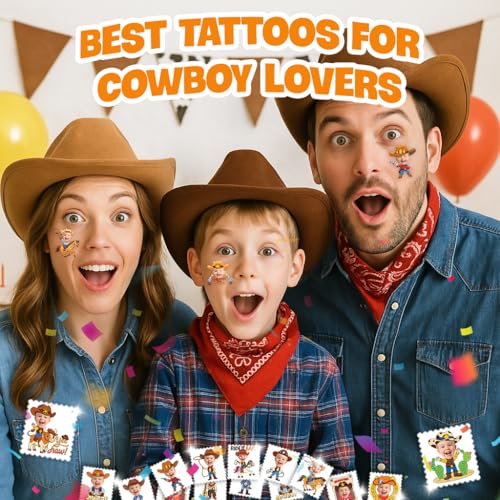 Image of Custom Cowboy Temporary Tattoos for Kids, Set of 20 | Personalized Pre-Cut Face Photo, Birthday Party Favors, For Boys & Cowboy Lovers, Unique Celebration Gifts