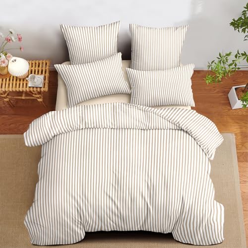 Image of Nayoroom Tan Striped Duvet Cover Queen Size Light Brown Stripe Duvet Cover Dorm Bedding Set 3 Pieces Soft Lightweight Washed Microfiber Farmhouse Bedding Set Gifts for Women Men