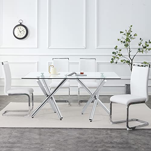 Glass Dining Table Set For 4, 63" Dinner Table With Rectangle Tempered Glass Top, Kitchen & Dining Room Table Set White Leather Dining Chairs, Kitchen Table Set With Metal Legs (White, Table+4 Chairs) #TOP1