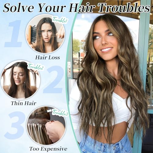 Image of KooKaStyle Wavy Thick Clip in Hair Extensions 20 inch Brown mix Sandy Blonde | 4 Pieces Clip in Extensions,Fiber Double Weft Hairpieces,Natural Volume,Beach Wave Long Synthetic Hairpieces for Women